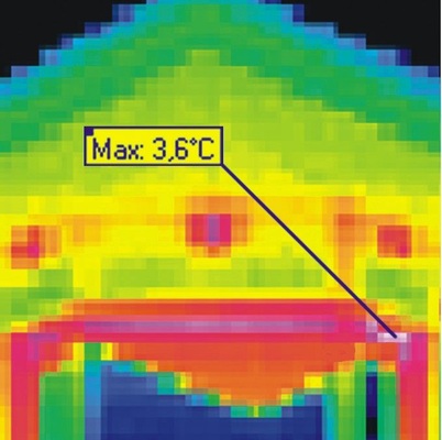 7 Digital gezoomter Bildausschnitt aus einer Thermografieaufnahme (Motiv wie Abb. 6 ) mit einem Bildformat (320 x 240) — geometrisch bedingter Messfehler aufgrund zu geringer Pixelauflösung für das zu untersuchende Detail