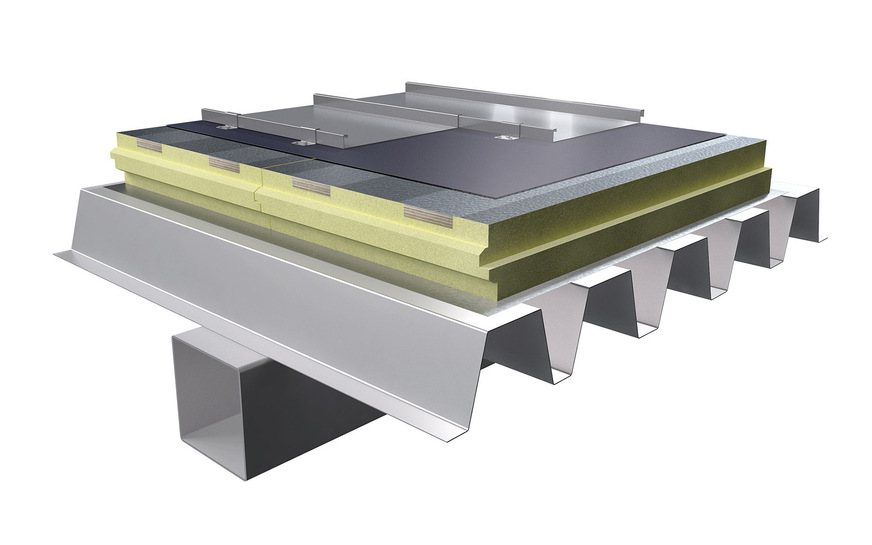 Das PU-Dämmelement MetalFix erreicht bei der Wärmeleitfähigkeit den Spitzenwert von 0,023 W/(mK) (d < 80 mm) und ermöglicht somit eine äußerst wirtschaftliche Dämmung von unbelüfteten, einschaligen Metalldachkonstruktionen.