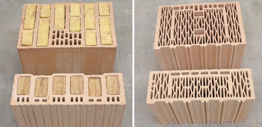 Beispiele verschiedener Laibungssteine mit einseitig verstärkten Wänden (optimierte Befestigungs­zone) bei hochwärmedämmendem Ziegelmauerwerk (links: Großkammerziegel gefüllt, rechts: filigraner Ziegel ungefüllt)