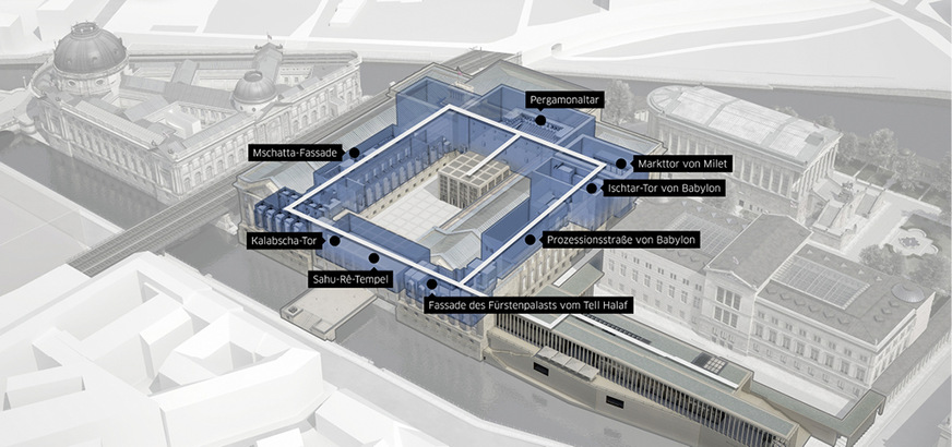 Das Pergamonmuseum beheimatet die Antikensammlung mit dem berühmten Pergamonaltar, das Vorderasiatische Museum und das Museum für Islamische Kunst. Nach seiner Sanierung soll ein Rundgang durch die Sammlungen möglich sein.