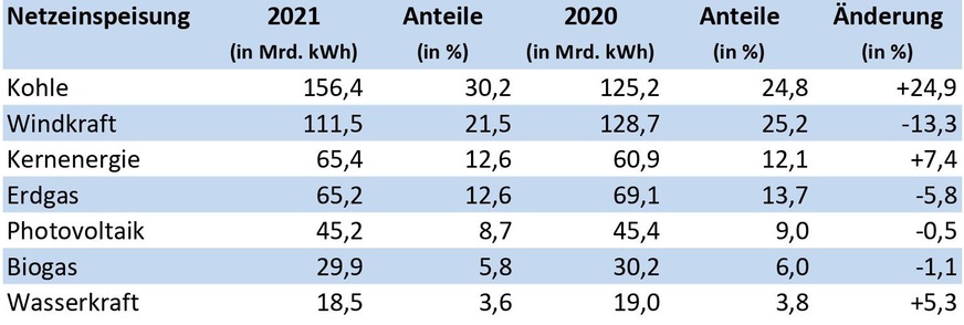 Im Inland produzierte und in das Netz eingespeiste Strommenge (Quelle: Destatis)