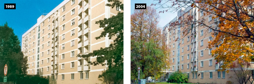3 An der Westfassade eines Seniorenwohnheims in München, 1989 mit 60 Millimeter WDVS auf Mineralwollebasis versehen, zeigen sich 2004 lediglich -Vergrauungen durch Besiedelung mit Mikroorganismen.