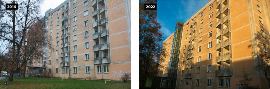 4 Westfassade des Münchner Seniorenwohnheims in den Jahren 2014 und 2022: Die Vergrauung schreitet fort, funktionsrelevante Mängel sind nicht festzustellen, obwohl seit 1989 keine Überarbeitung erfolgt ist.