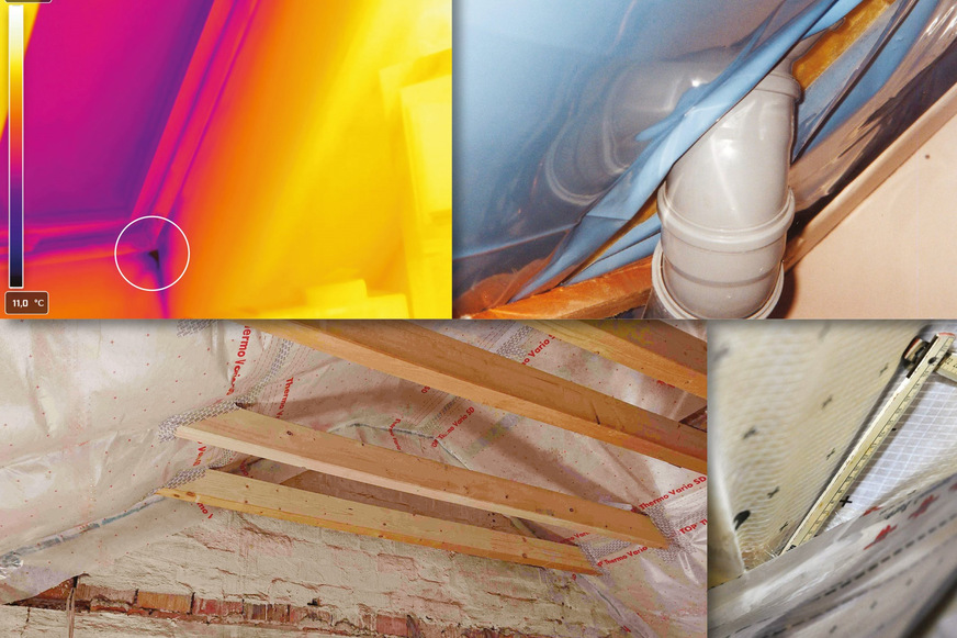 Beispiele häufiger Luft-Leckagen (von oben links nach unten rechts): undicht eingebautes Dachflächenfenster, Rohrdurchdringung komplett ohne An-dichtung, unverputzt gebliebene Giebelwand und abgelöste Folienverklebung