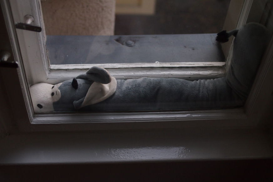 Süß, aber nicht mehr als eine Notlösung: der Esel im Kastenfenster, der den Kaltluftstrom durch undichte Fugen blockieren soll.