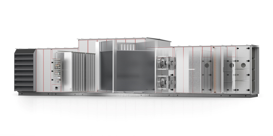 Ein Kreuzwärmetauscher (Bildmitte) kann trotz hoher Volumenströme klein dimensioniert werden.
