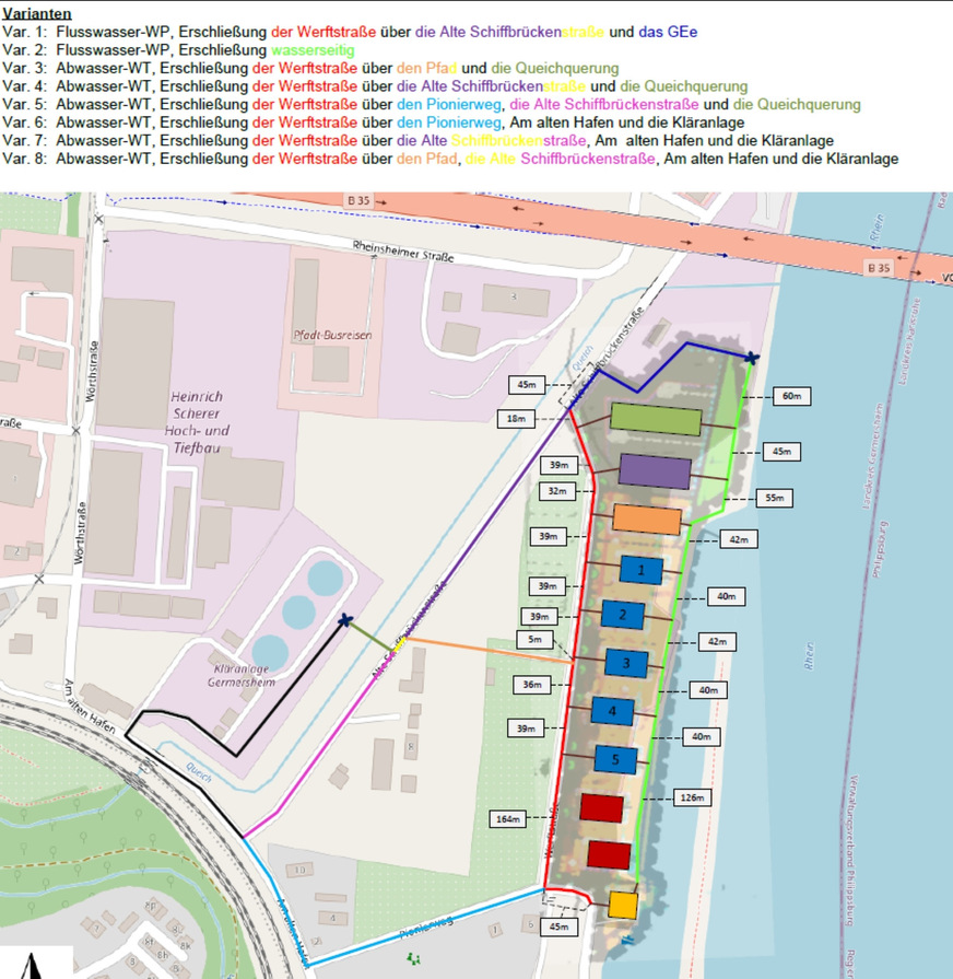 Mit den Daten zu den Wärmequellen und den ermittelten Bedarfen sowie den örtlichen Gegebenheiten erstellte das Institut für jede Variante eine grobe Auslegung der erforderlichen Leitungslängen und -verläufe sowie aller Anlagen.