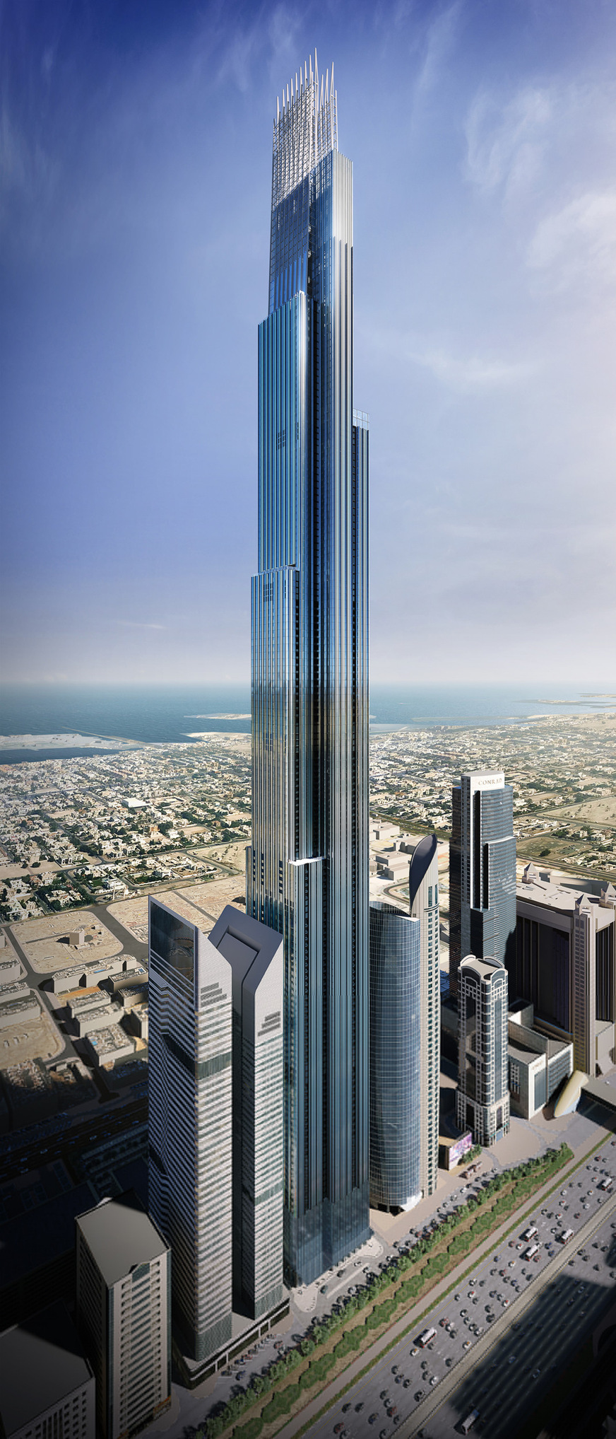 The 725 Meter hohe Burj-Azizi-Turm in Dubai wird auf einer Grundfläche von nur 57 Meter mal 57 Meter errichtet und aus 139 Stockwerken bestehen. Er wird einer der schlanksten Wolkenkratzer der Welt sein, was einige Anforderungen an die Grundstruktur, insbesondere hinsichtlich Schwingungsverhalten und struktureller Stabilität, mit sich bringt.