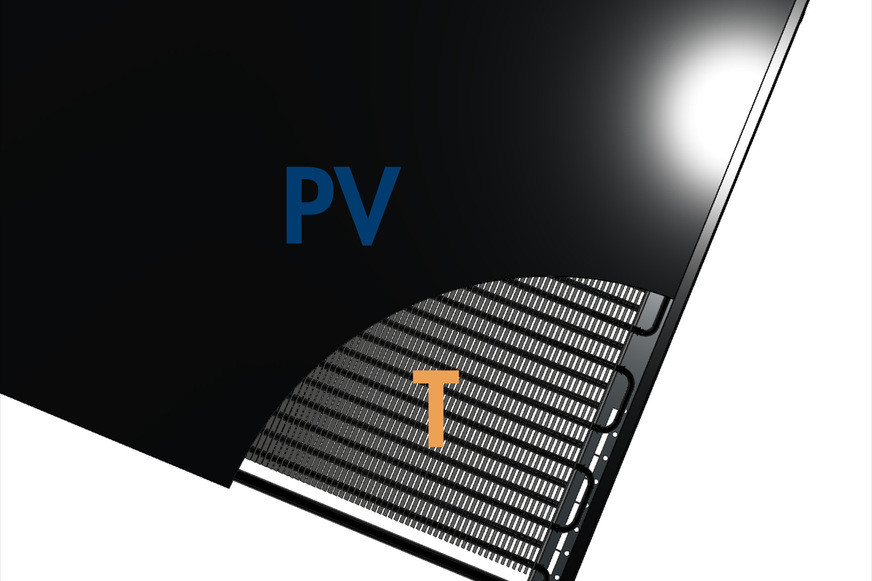 Der PVT-Luft-Sole-Kollektor SOLINK mit großer Wärmeübertragerfläche auf der Rückseite eignet sich durch die kombinierte Nutzung von Solarstrahlung und Luft als alleinige lautlose Wärmequelle einer Wärmepumpe.
