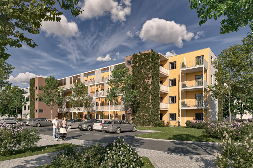 So wird das Mehrgenerationenwohnhaus in Pirna nach der Fertigstellung aussehen. Begrünte Laubengänge dienen der Erschließung und als Begegnungsorte.