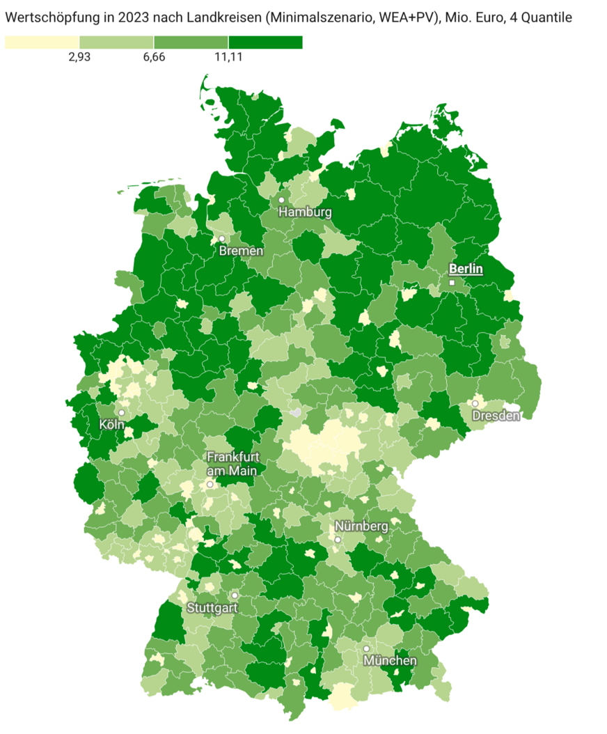 Die Karte stellt die im Jahr 2023 mindestens in den Standortregionen verbleibende Wertschöpfung durch Erneuerbare Energien (Windenergie-, sowie Photovoltaik-Dach- und Freiflächenanlagen) in Millionen Euro dar. Die Werte hat das Institut für ökologische Wirtschaftsforschung (IÖW) in einem gemeinsamen Gutachten mit dem Berlin-Institut für Bevölkerung und Entwicklung und der Institut der deutschen Wirtschaft Köln Consult (IW Consult) GmbH im Auftrag des Bundesministeriums für Wirtschaft und Energie berechnet.