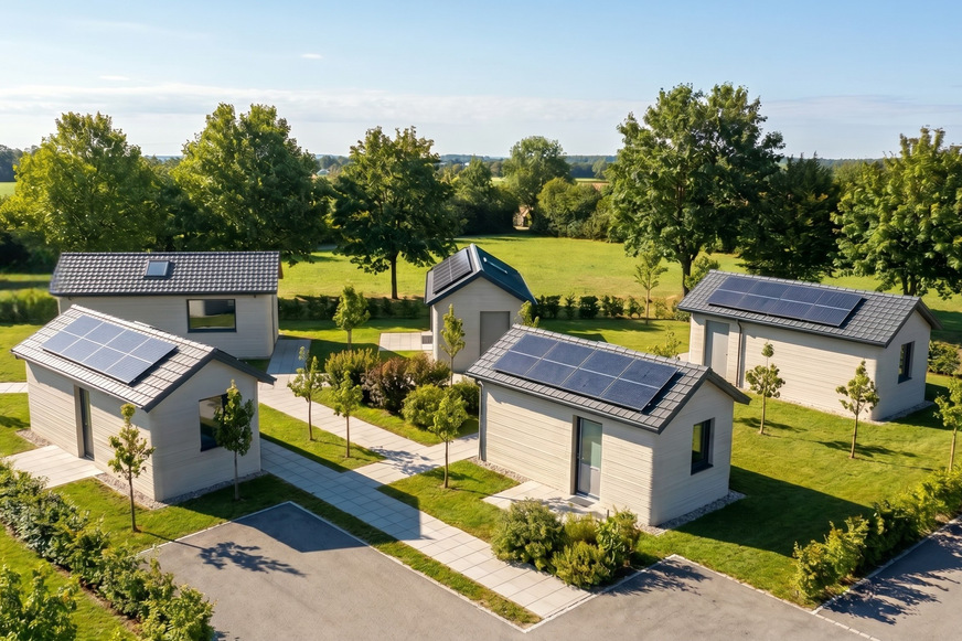 Das Rendering zeigt den geplanten Modulhauspark in Kadeltshofen mit der Tinyhouse-Siedlung.