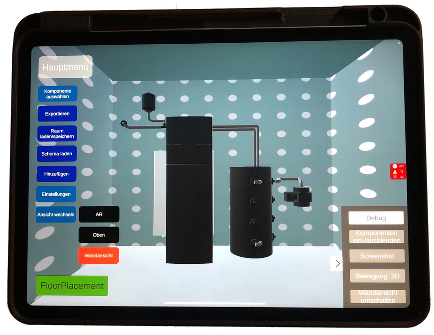 In der Virtual Reality-Ansicht der „Heat Pump PlanAR“-App kann die Anordnung der Komponenten im Heizungsraum überprüft werden.