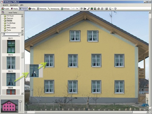 Aus einem Bauteilkatalog lassen sich die Objekte per Mausklick in die Fassade einfügen - © FarbePlus
