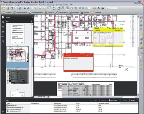 PDF als „Sammelmappe“, in der unterschiedliche Projektinformationen wie Pläne, Berechnungen, Aktennotizen, Bauzeitpläne abgelegt werden können