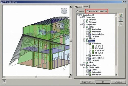 Per Green Building XML-Schnittstelle (gbXML) lassen sich Gebäudehüllflächen in andere Anwendungen einlesen, um damit Berechnungen und Analysen durchzuführen