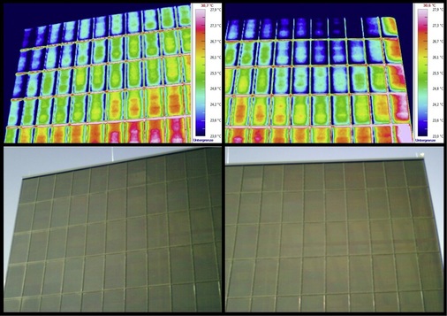 1 Thermografie Aufnahmen einer vertikal verbauten Photovoltaikanlage mit inhomogener Auslastung - © Foto: ebs ATuS GmbH
