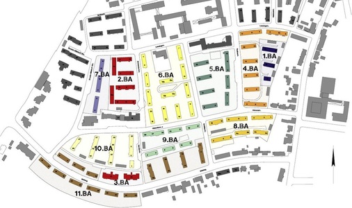 1 Die Generalsanierung des Hattinger SüdstadtGartens umfasst ins-gesamt elf Bauabschnitte. Das Nullemissionsgebäude in der Lessingstraße 3—5 gehört zum vierten Bauabschnitt (orange eingefärbt).