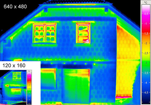 1 Ein maßstäblicher Vergleich macht die Größen- und Qualitätsunterschiede deutlich: Thermogramm einer Einsteigerkamera mit 120 x 160 und einer Profikamera mit 640 x 480 Pixel Detek­tor­auf­lö­sung.