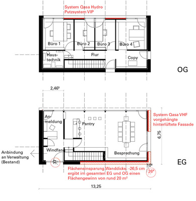 1 Grundrisse EG und OG des modularen Plus­energiehauses, M 1:400