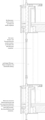 8 Der Schnitt verdeutlicht den Bauablauf: Erst wurden die neuen Elemente vor der Bestandsbrüstung angebracht, im Anschluss die alten Fenster (gestrichelt) ausgebaut. Zuletzt folgten die Arbeiten an der Innenbekleidung, der Einbau des Sonnenschutzes und der Wiedereinbau der auf der Baustelle sorgfältig gesäuberten Natursteinplatten.