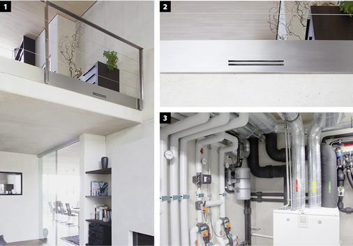 
1
 Aus der Zwischendecke der Galerie über dem Wohnzimmer strömt frische und gefilterte Luft in den Wohnraum, die gleichzeitig für eine bessere Verteilung der Kaminwärme sorgt. Ein im Bereich des Kaminofens integrierter Temperaturfühler …



2
 … gibt bei 28 °C Raumtemperatur ein Signal an die Regelung des Lüftungsgerätes, sodass die Ventilatordrehzahl automatisch erhöht wird und später auch zurückregelt. Die erforderliche Schaltung wurde in Zusammenarbeit mit dem Hersteller des Lüftungsgerätes realisiert.



3
 Während der Kreislauf des Erdwärmespeichers im Sommer durch eine einfache Dreiwege-Umschaltung (links) für die Flächenkühlung genutzt wird, versorgt das Komfortlüftungssystem (rechts) die Wohnräume mit frischer und gefilterter Luft. In der Raumecke ist das Zentralstaubsauggerät installiert.
