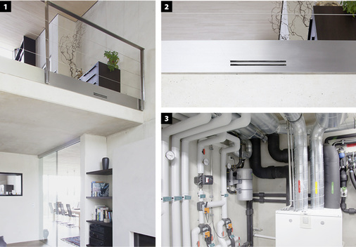 <p>
<span class="GVAbbildungszahl">1</span>
 Aus der Zwischendecke der Galerie über dem Wohnzimmer strömt frische und gefilterte Luft in den Wohnraum, die gleichzeitig für eine bessere Verteilung der Kaminwärme sorgt. Ein im Bereich des Kaminofens integrierter Temperaturfühler …
</p>

<p>
<span class="GVAbbildungszahl">2</span>
 … gibt bei 28 °C Raumtemperatur ein Signal an die Regelung des Lüftungsgerätes, sodass die Ventilatordrehzahl automatisch erhöht wird und später auch zurückregelt. Die erforderliche Schaltung wurde in Zusammenarbeit mit dem Hersteller des Lüftungsgerätes realisiert.
</p>

<p>
<span class="GVAbbildungszahl">3</span>
 Während der Kreislauf des Erdwärmespeichers im Sommer durch eine einfache Dreiwege-Umschaltung (links) für die Flächenkühlung genutzt wird, versorgt das Komfortlüftungssystem (rechts) die Wohnräume mit frischer und gefilterter Luft. In der Raumecke ist das Zentralstaubsauggerät installiert.
</p>