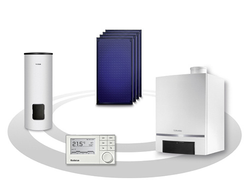 
4
 Beispiel für ein System von Buderus mit Gas-Brennwertgerät, Solarthermie und intelligenter Regelung. 
