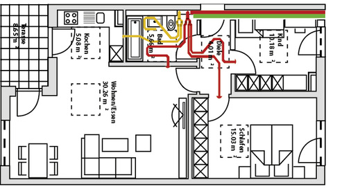 



3
 Planungsvorschlag „Neubau“. Das WL-Gerät ist innerhalb der Vorwandinstallation angeordnet; die Luftleitungen befinden sich in der abgehängten Decke.
