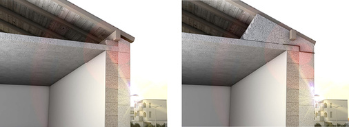 



Links die herkömmliche Art der Pfettendämmung, die das Wärmebrückenproblem nicht wirklich im Griff hat. Mit der Joma-Pfettendämmung (rechts) gehen Wärmedämmverbundsystem, Deckenanschluss und Traufdetail als gedämmte Einheit nahtlos ineinander über.
