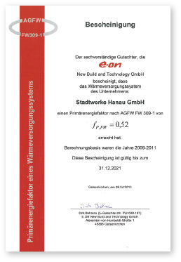



6
 Der von E.ON gutachterlich bescheinigte Primärenergiefaktor für die Stadtwerke Hanau, dessen Wert von 0,52 noch bis Ende 2021 Gültigkeit hat – obwohl er durch die veränderte Erzeugung der Fernwärme nur noch Makulatur ist.
