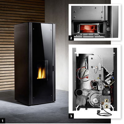 



1
 Aufgrund ihrer raumluftunabhängigen Betriebsweise lassen sich die Pellet-Kaminöfen bei vielen unterschiedlichen Gebäudestandards einsetzen.



2
 Mit einem optional erhältlichen, zuschaltbaren Raumluftventilator bei der luftgeführten Variante erwärmt sich der Aufstellraum besonders schnell.



3
 Über die wasserseitigen Anschlüsse auf der Rückseite kann der Pellet-Kaminofen in das zentrale Heizsystem eingebunden werden.
