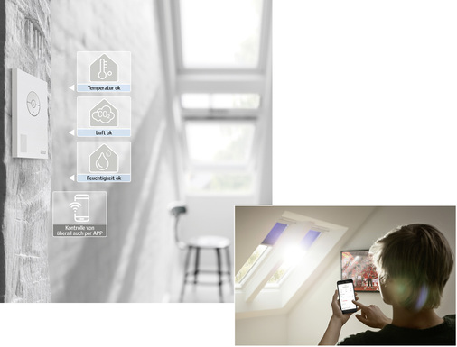 <p>
Velux Active sorgt ganz automatisch für das optimale Raumklima. Gleichzeitig kann der Nutzer jedes Produkt per Smartphone fernsteuern und Wohlfühltemperatur, Luftfeuchtigkeit sowie den zulässigen CO
<sub>2</sub>
-Gehalt nach eigenen Vorlieben festlegen.
</p>

<p>
</p> - © Bilder: Velux Deutschland GmbH

