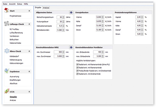 



1
 Eingabe für die Berechnung der Lebenszykluskosten einer RLT-Anlage.
