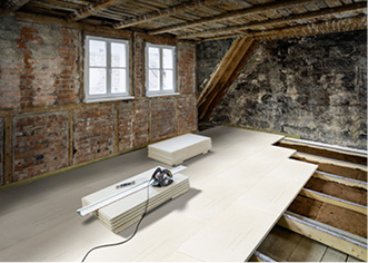 



Binnen kurzer Zeit ist der einlagige Bodenaufbau GIFAfloor von Knauf verschnittsparend verlegt. 
