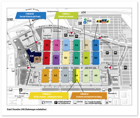 



Mit den beiden neuen Hallen C5 und C6 ist das Messegelände in München nun komplett. Die Ausstellungsfläche der BAU 2019 umfasst nun 200 000 m
2
. Viele Foren und Sonderschauen ergänzen das Messekonzept. 
