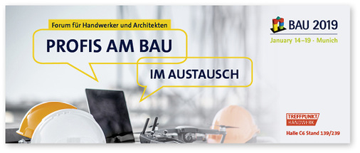 <p>
</p>

<p>
Der Treffpunkt Handwerk ist ab dieser Messe in Halle C6 am Stand 139/239 platziert. Neben vielen Vorträgen finden hier von Dienstag bis Freitag jeweils zwischen 11 und 12 Uhr hochkarätig besetzte Podiumsdiskussionen statt.
</p> - © Messe München International

