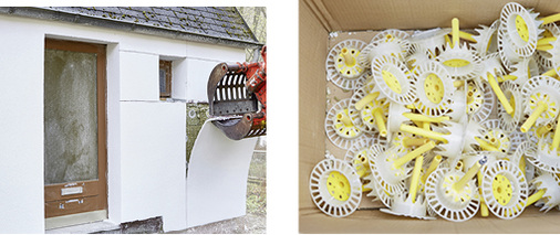 
Das im System integrierte Separationsgewebe lässt sich beim Rückbau bahnenweise lösen und mitsamt der Putzschicht abziehen. Nachdem der Putz mechanisch vom Gewebe getrennt wurde, geht beides wieder in den Produktionsprozess ein.



