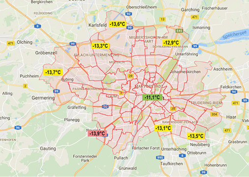 <p>
</p>

<p>
<span class="GVAbbildungszahl">2</span>
 Auslegungsaußentemperatur nach E DIN SPEC 12831-1:2018-10 für den Standort München: Für den Stadtkern wird hier eine Auslegungsaußentemperatur von ca. 
<sub>e</sub>
 = –11 °C angegeben. Am Stadtrand kann den neuen Klimadaten eine Außentemperatur von bis zu 
<sub>e</sub>
 = –13,9 °C entnommen werden.
</p> - © Map data 2018 GeoBasis-DE/BKG ( 2009), Google MyMaps; Quelle der Rohdaten 
für PLZ-Bereiche: OpenStreetMap-Mitwirkende

