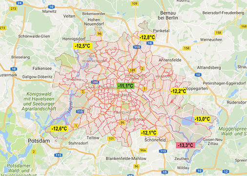 <p>
</p>

<p>
<span class="GVAbbildungszahl">3</span>
 Nach E DIN SPEC 12831-1:2018-10 ist die Auslegungsaußentemperatur für den Standort Berlin je nach Lage um 0,7 bis 2,9 K höher als der Wert von –1
4 °
C der alten Norm. Auch hier ist die Auslegungtemperatur im Stadtzentrum deutlich höher als im Umland.
</p> - © Map data 2018 GeoBasis-DE/BKG ( 2009), Google MyMaps; Quelle der Rohdaten 
für PLZ-Bereiche: OpenStreetMap-Mitwirkende

