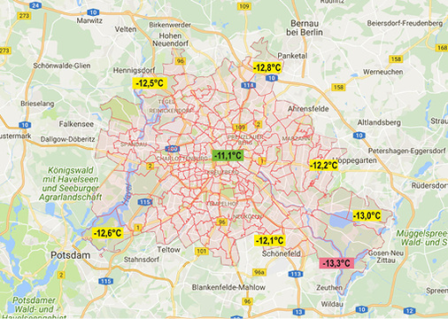 



3
 Nach E DIN SPEC 12831-1:2018-10 ist die Auslegungsaußentemperatur für den Standort Berlin je nach Lage um 0,7 bis 2,9 K höher als der Wert von –1
4 °
C der alten Norm. Auch hier ist die Auslegungtemperatur im Stadtzentrum deutlich höher als im Umland.
