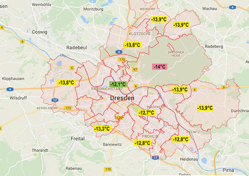 



4
 Auslegungsaußentemperatur nach E DIN SPEC 12831-1:2018-10 für den Standort Dresden. Die Intensität des Wärmeinseleffektes hängt vor allem von der Größe der Stadt und der Stadtstruktur ab, etwa von der Baudichte und Bauhöhen. Je offener die Bebauung ist, desto niedriger fallen die Temperaturen aus.
 
