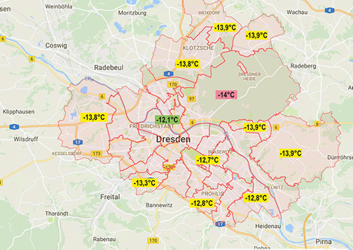 <p>
</p>

<p>
<span class="GVAbbildungszahl">4</span>
 Auslegungsaußentemperatur nach E DIN SPEC 12831-1:2018-10 für den Standort Dresden. Die Intensität des Wärmeinseleffektes hängt vor allem von der Größe der Stadt und der Stadtstruktur ab, etwa von der Baudichte und Bauhöhen. Je offener die Bebauung ist, desto niedriger fallen die Temperaturen aus.
<sup> </sup>
</p> - © Map data 2018 GeoBasis-DE/BKG ( 2009), Google MyMaps; Quelle der Rohdaten 
für PLZ-Bereiche: OpenStreetMap-Mitwirkende

