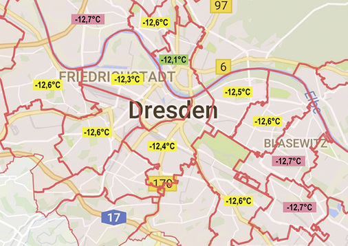 <p>
</p>

<p>
<span class="GVAbbildungszahl">5</span>
 Am Standort Dresden beträgt nach E DIN SPEC 12831-1:2018-10 die höchste Auslegungsaußentemperatur 
<sub>e</sub>
 = –12,1 °C. Diesen Wert gibt die neue Heizlastnorm für Dresden Neustadt an, einen Stadtteil mit sehr dichter und geschlossener Bebauung.
</p> - © Map data 2018 GeoBasis-DE/BKG ( 2009), Google MyMaps; Quelle der Rohdaten 
für PLZ-Bereiche: OpenStreetMap-Mitwirkende

