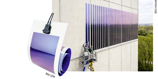 
2
 Die Solarfolie HeliaSol von Heliatek benötigt keinen Lüftungsabstand zur Kühlung, sodass sie direkt auf die Fassadenfläche des Getreidesilos geklebt werden konnte. 
