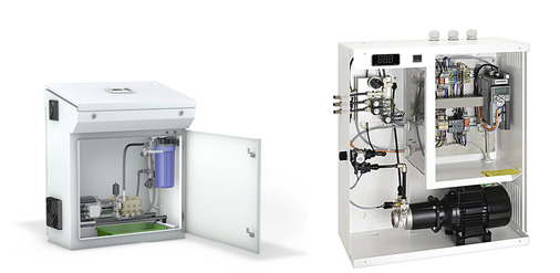 



Hochdrucksysteme (links) und Niederdrucksysteme (rechts) pressen mit einer Pumpe Wasser durch feine Düsen, sodass ein dichter Aerosolnebel entsteht. Die winzigen Tröpfchen verdunsten im Luftstrom. Bei H
ybr
idbefeuchtern wird die Luft über einen Verdunstungskörper geführt.
