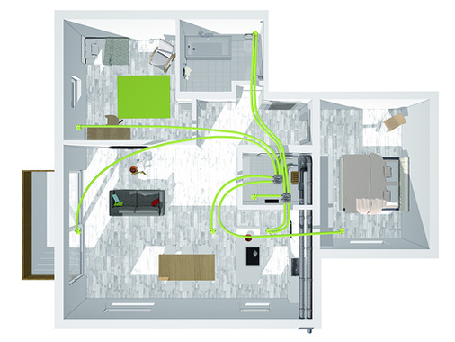 <p>
Bei der Montage an der Wand, zum Beispiel im Technikraum eines Neubaus, werden alle Lüftungskanäle des Geräts nach oben geführt. 
</p>

<p>
</p> - © Bosch

