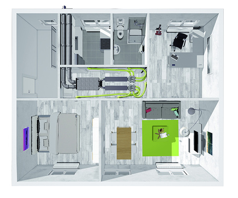 <p>
Für die Installation im Bestand werden bei der Deckenmontage je zwei Anschlüsse an der Ober- und Unterseite des Geräts verwendet, sodass es beispielsweise unter der Deckenabhängung im Flur platziert werden kann. 
</p>

<p>
</p> - © Bosch

