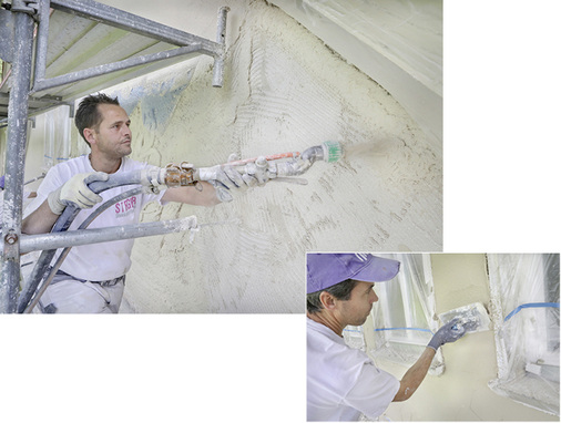 
Der Aerogel-Dämmputz ließ sich sehr einfach aufspritzen und verarbeiten. Es genügte ein 4 cm schlanker Auftrag, um den gleichen Effekt zu erzielen, den ein 11 cm dicker, herkömmlicher und kalkbasierter Wärmedämmputz erbracht hätte. 



