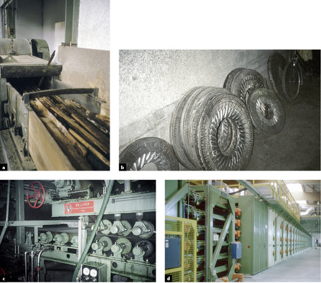 



1
 Herstellungsprozess von Holzfaserdämmplatten im Nassverfahren:



a) Zerkleinern von Schwachholz, Schwarten usw.



b) „Mühlsteine“ zerfasern die Hackschnitzel.



c) Auf Langsieben wird dem Faserkuchen etwa 50 % des Wassers entzogen und Presswalzen bringen den Holzbrei in Plattenform.



d) Mit Heißluft im Umluftbetrieb erhalten die Platten auf der Trocknungsstraße ihre Endfeuchte.
